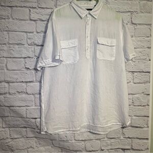 Perry Ellis white 100% linen short sleeve half button down shirt size Large